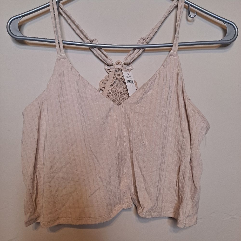 Aerie Beige Ribbed Racerback Embroidery Bralette/Tank Women Size Medium